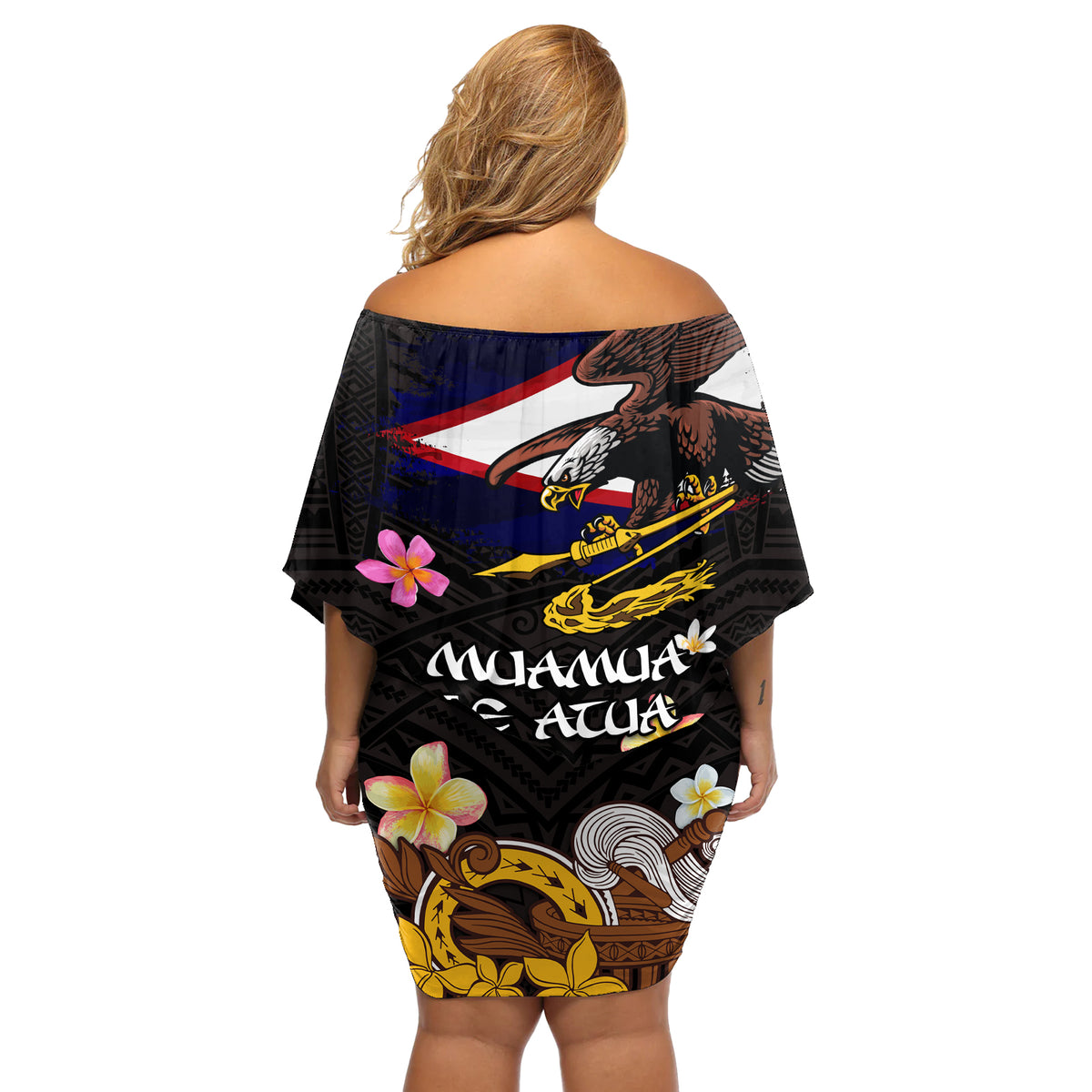 American Samoa Fue and Kava Bowl Off Shoulder Short Dress Plumeria and Polynesian Pattern