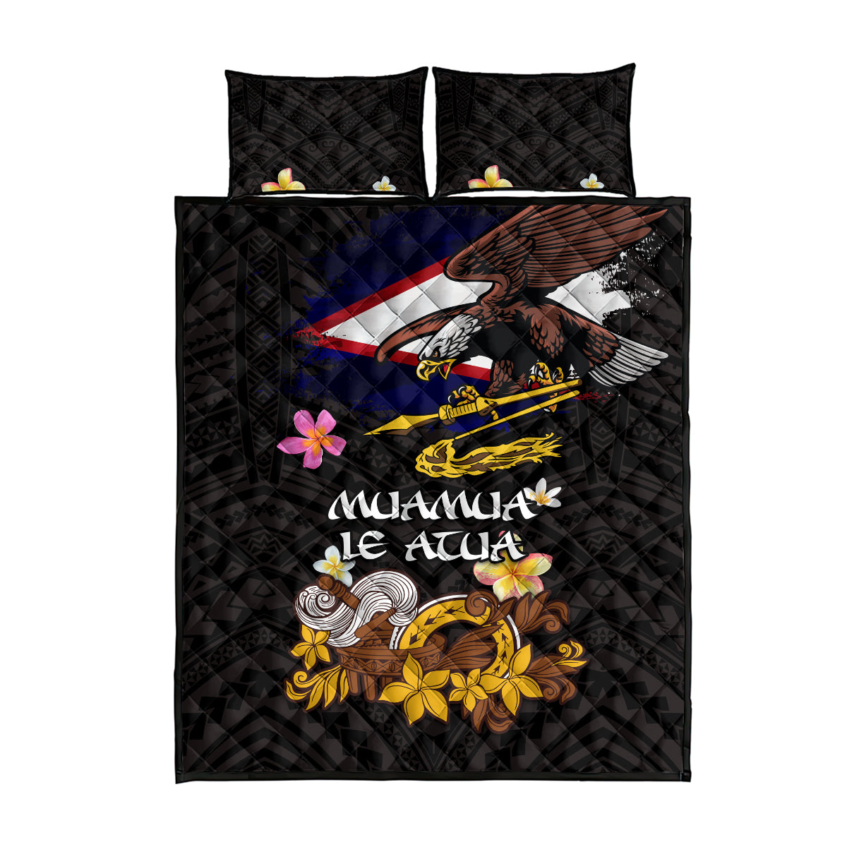 American Samoa Fue and Kava Bowl Quilt Bed Set Plumeria and Polynesian Pattern
