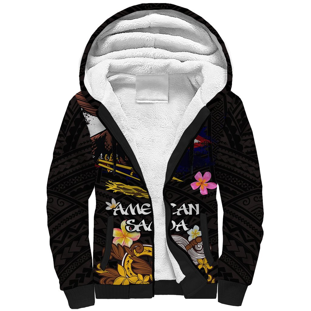 American Samoa Fue and Kava Bowl Sherpa Hoodie Plumeria and Polynesian Pattern LT03 Unisex Black - Polynesian Pride