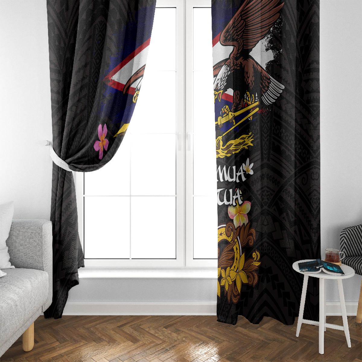 American Samoa Fue and Kava Bowl Window Curtain Plumeria and Polynesian Pattern LT03 - Polynesian Pride