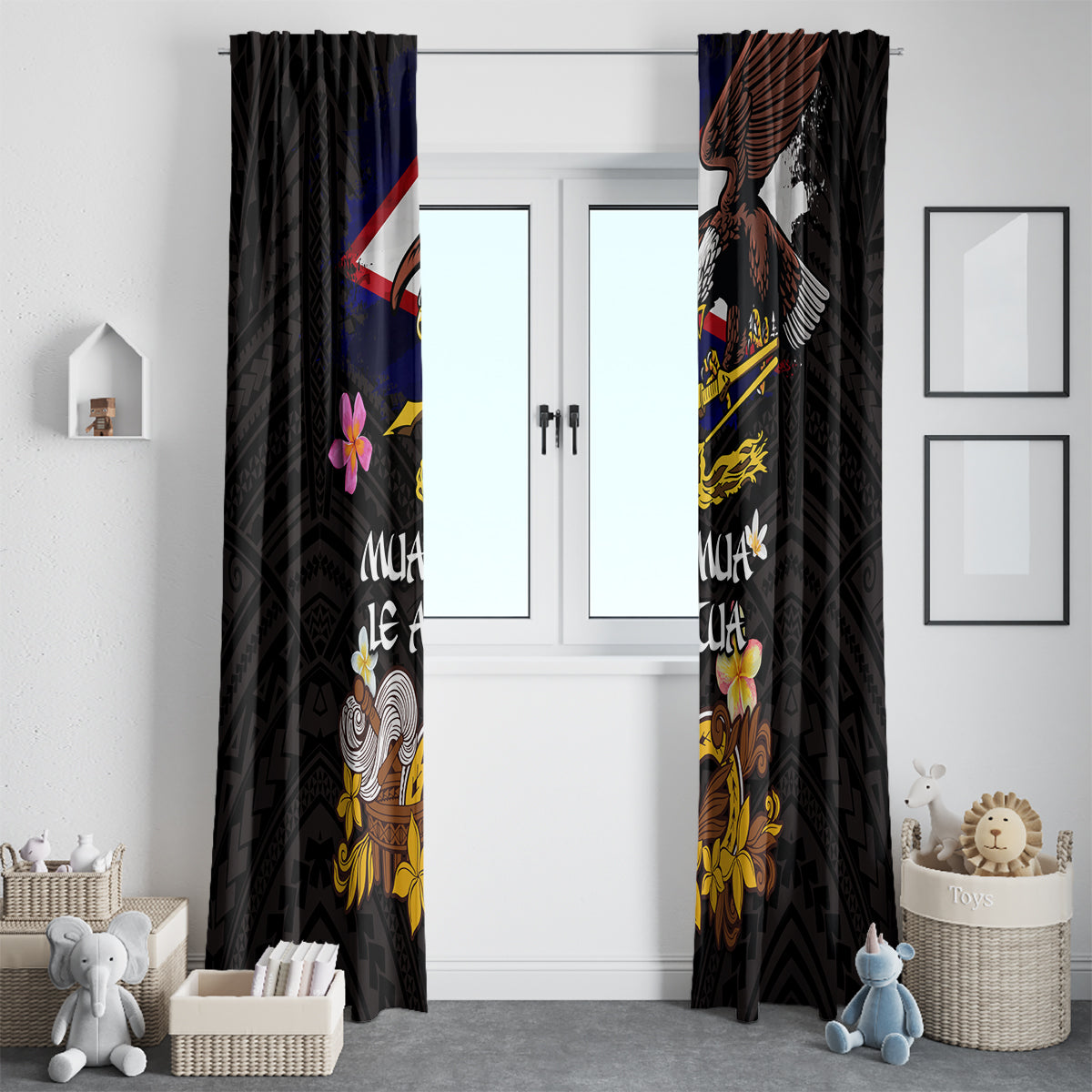 American Samoa Fue and Kava Bowl Window Curtain Plumeria and Polynesian Pattern LT03 - Polynesian Pride