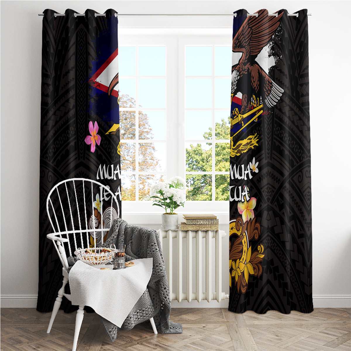 American Samoa Fue and Kava Bowl Window Curtain Plumeria and Polynesian Pattern LT03 - Polynesian Pride