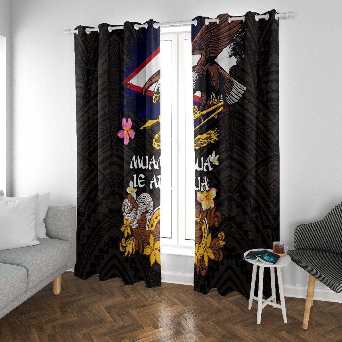 American Samoa Fue and Kava Bowl Window Curtain Plumeria and Polynesian Pattern LT03 With Grommets Black - Polynesian Pride