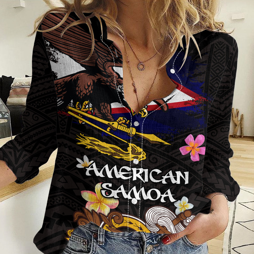 American Samoa Fue and Kava Bowl Women Casual Shirt Plumeria and Polynesian Pattern LT03 Female Black - Polynesian Pride