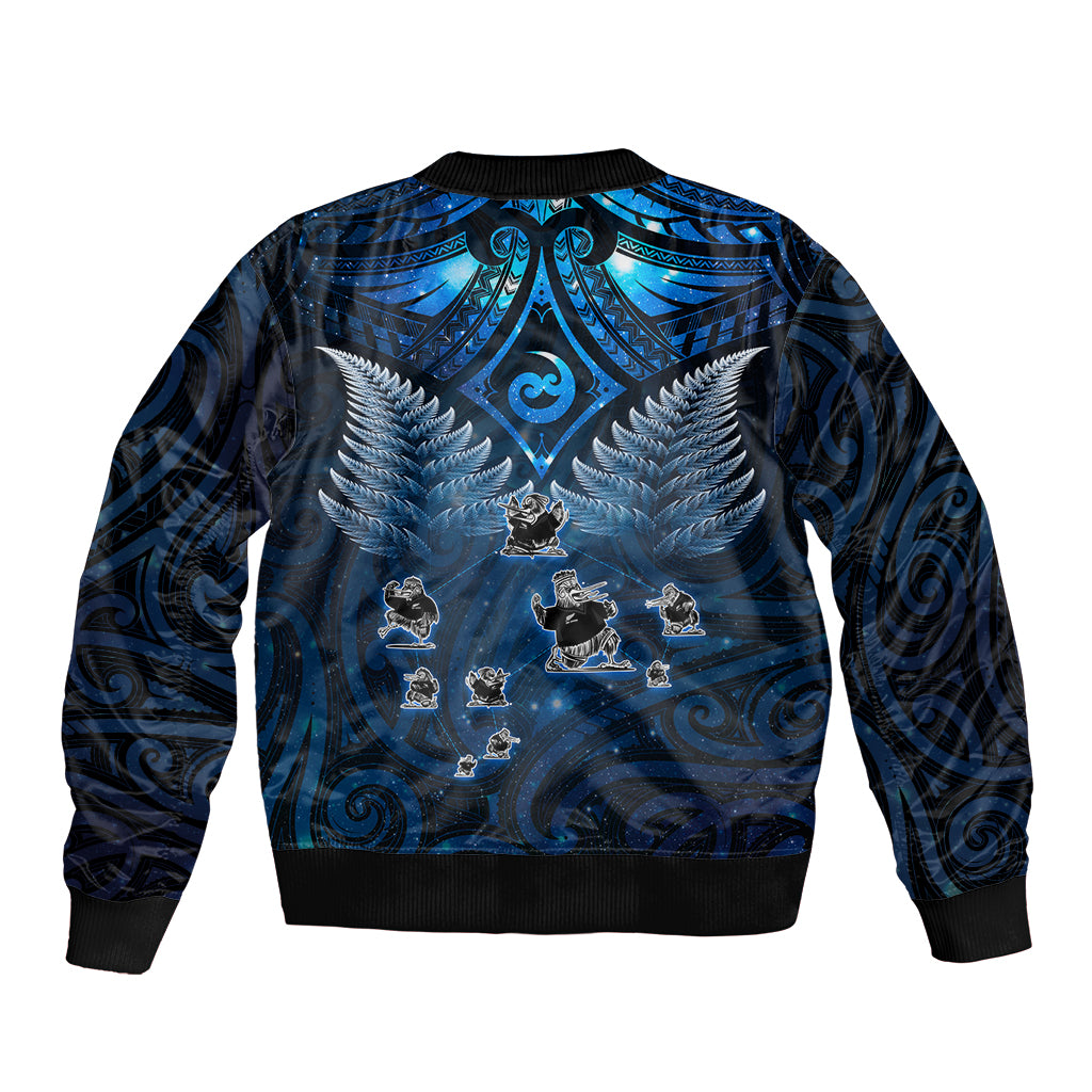 New Zealand Matariki Bomber Jacket Maori Pattern and Kiwi Bird Haka Dance Sky Night