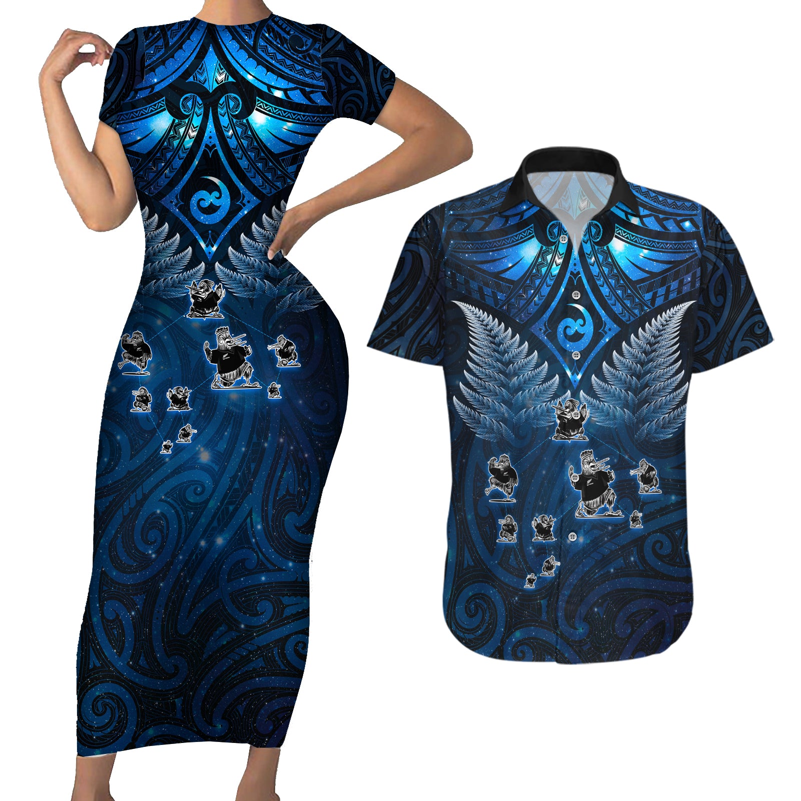 New Zealand Matariki Couples Matching Short Sleeve Bodycon Dress and Hawaiian Shirt Maori Pattern and Kiwi Bird Haka Dance Sky Night