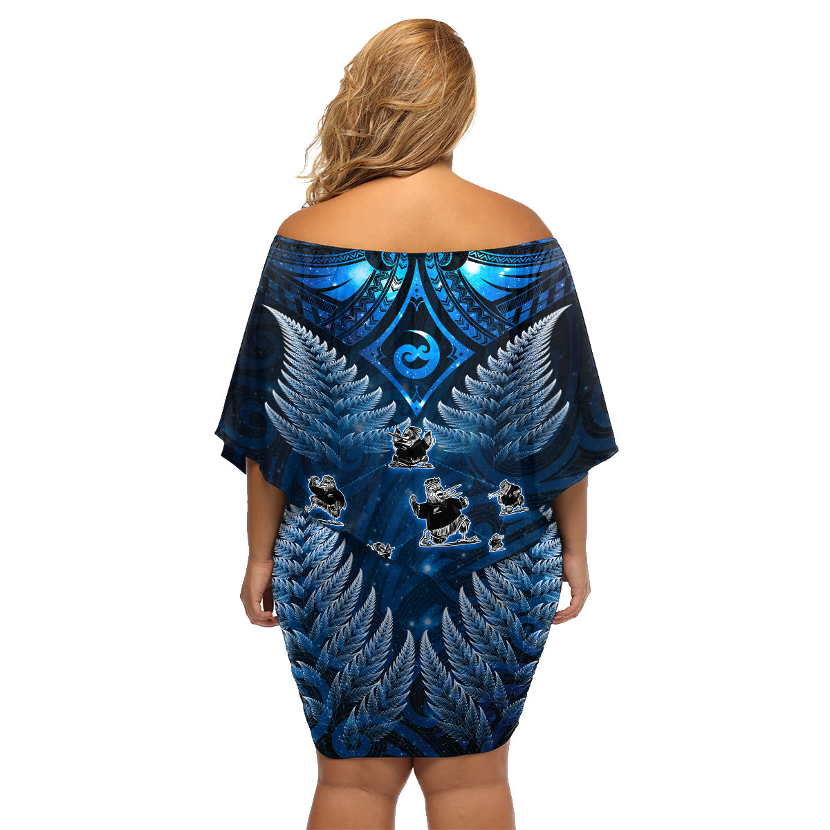 New Zealand Matariki Family Matching Off Shoulder Short Dress and Hawaiian Shirt Maori Pattern and Kiwi Bird Haka Dance Sky Night