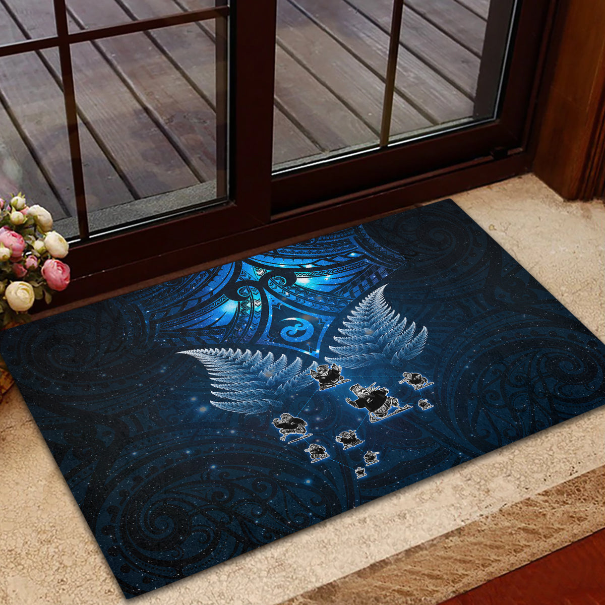 New Zealand Matariki Rubber Doormat Maori Pattern and Kiwi Bird Haka Dance Sky Night