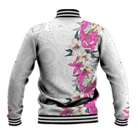 Hawaii Tropical Leaves and Flowers Baseball Jacket Tribal Polynesian Pattern White Style