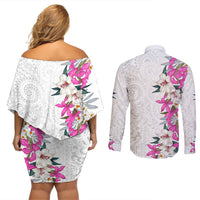 Hawaii Tropical Leaves and Flowers Couples Matching Off Shoulder Short Dress and Long Sleeve Button Shirt Tribal Polynesian Pattern White Style