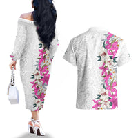 Hawaii Tropical Leaves and Flowers Couples Matching Off The Shoulder Long Sleeve Dress and Hawaiian Shirt Tribal Polynesian Pattern White Style