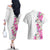 Hawaii Tropical Leaves and Flowers Couples Matching Off The Shoulder Long Sleeve Dress and Hawaiian Shirt Tribal Polynesian Pattern White Style