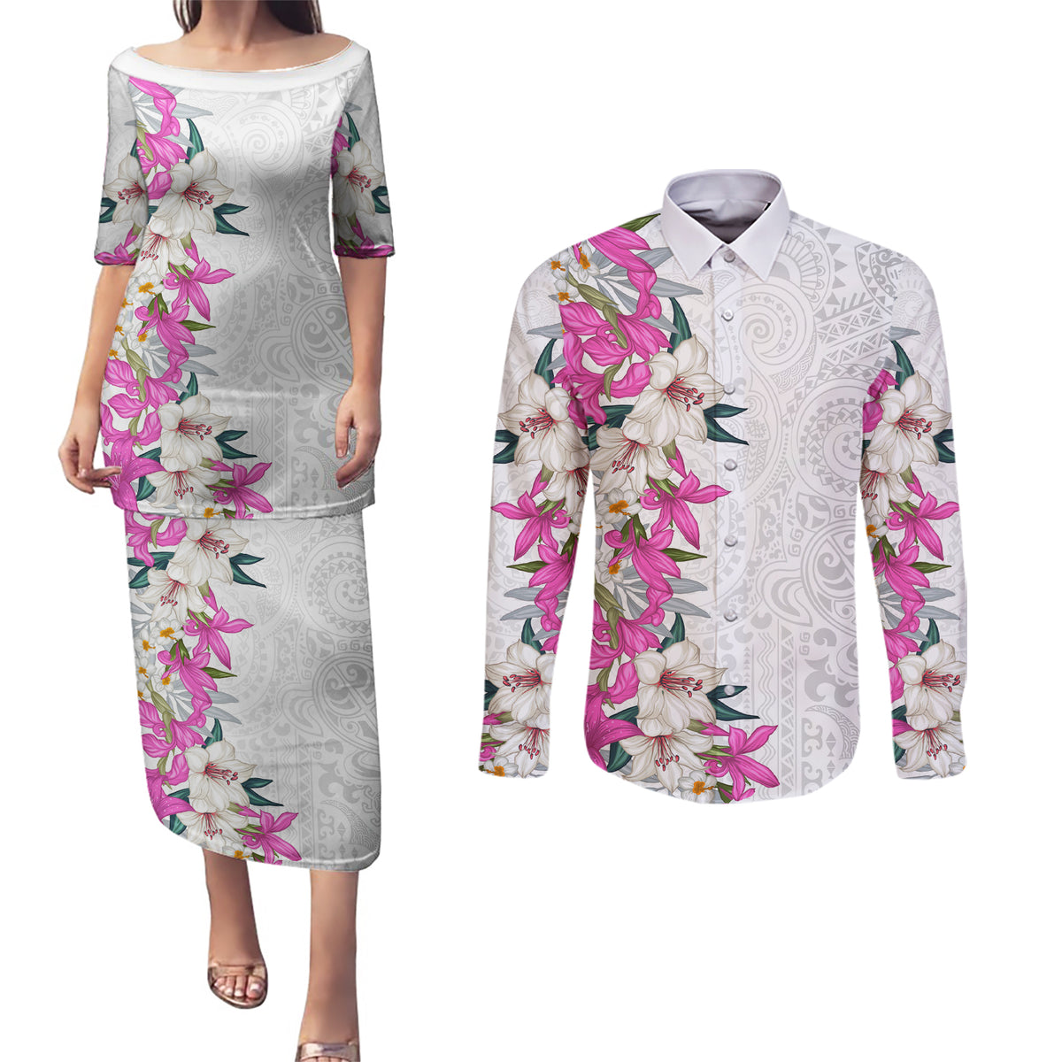 Hawaii Tropical Leaves and Flowers Couples Matching Puletasi and Long Sleeve Button Shirt Tribal Polynesian Pattern White Style