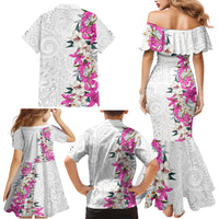 Hawaii Tropical Leaves and Flowers Family Matching Mermaid Dress and Hawaiian Shirt Tribal Polynesian Pattern White Style
