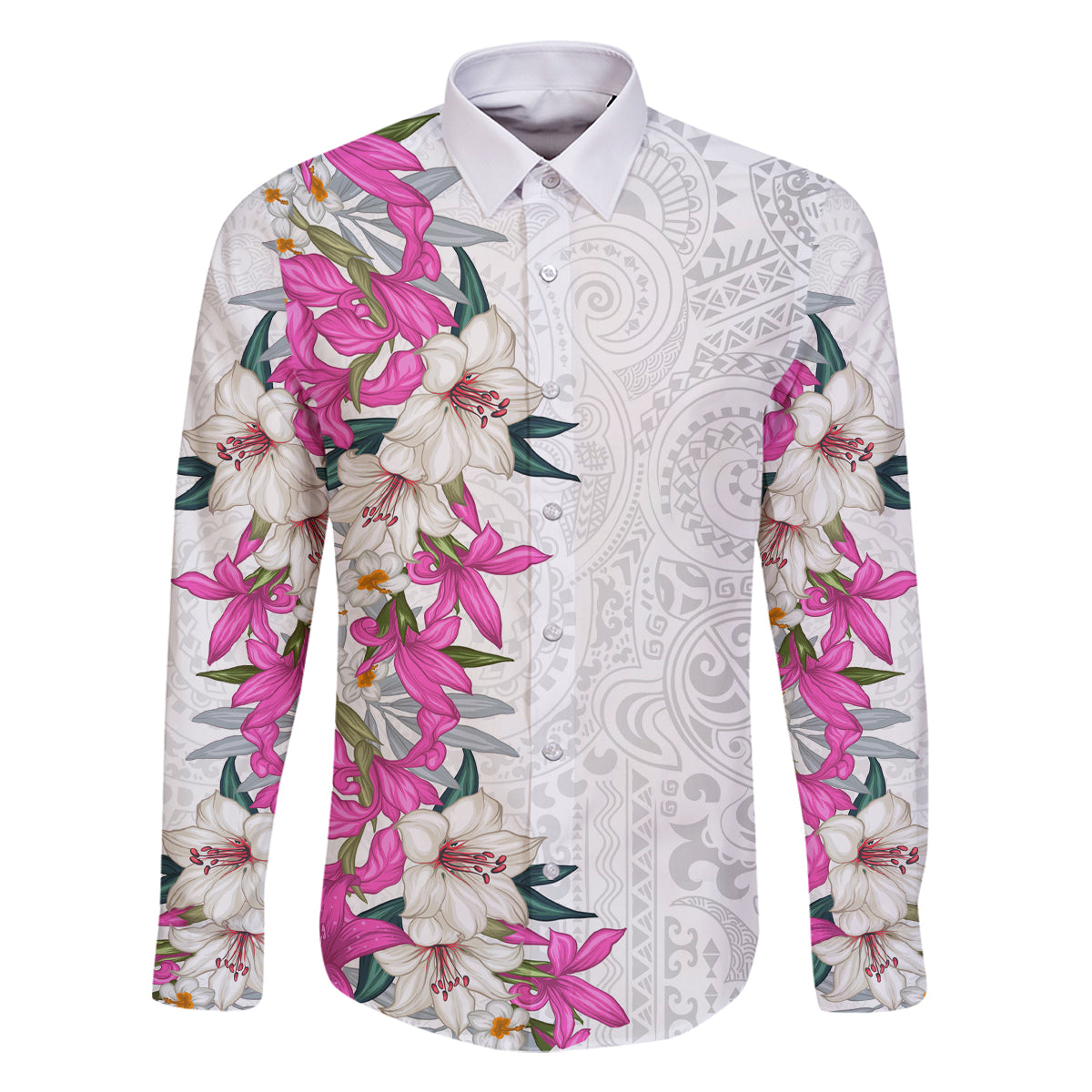 Hawaii Tropical Leaves and Flowers Family Matching Mermaid Dress and Hawaiian Shirt Tribal Polynesian Pattern White Style