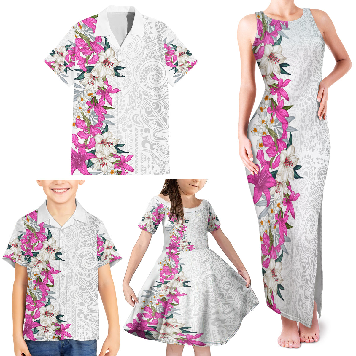Hawaii Tropical Leaves and Flowers Family Matching Tank Maxi Dress and Hawaiian Shirt Tribal Polynesian Pattern White Style