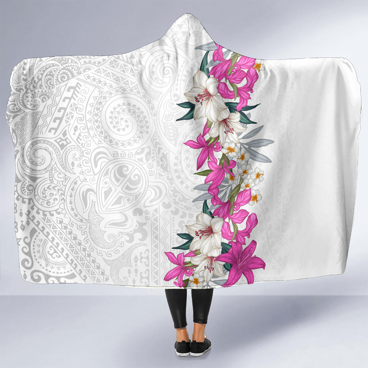 Hawaii Tropical Leaves and Flowers Hooded Blanket Tribal Polynesian Pattern White Style
