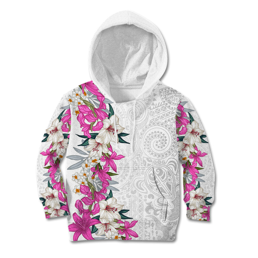 Hawaii Tropical Leaves and Flowers Kid Hoodie Tribal Polynesian Pattern White Style