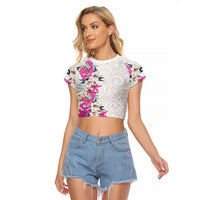 Hawaii Tropical Leaves and Flowers Raglan Cropped T Shirt Tribal Polynesian Pattern White Style