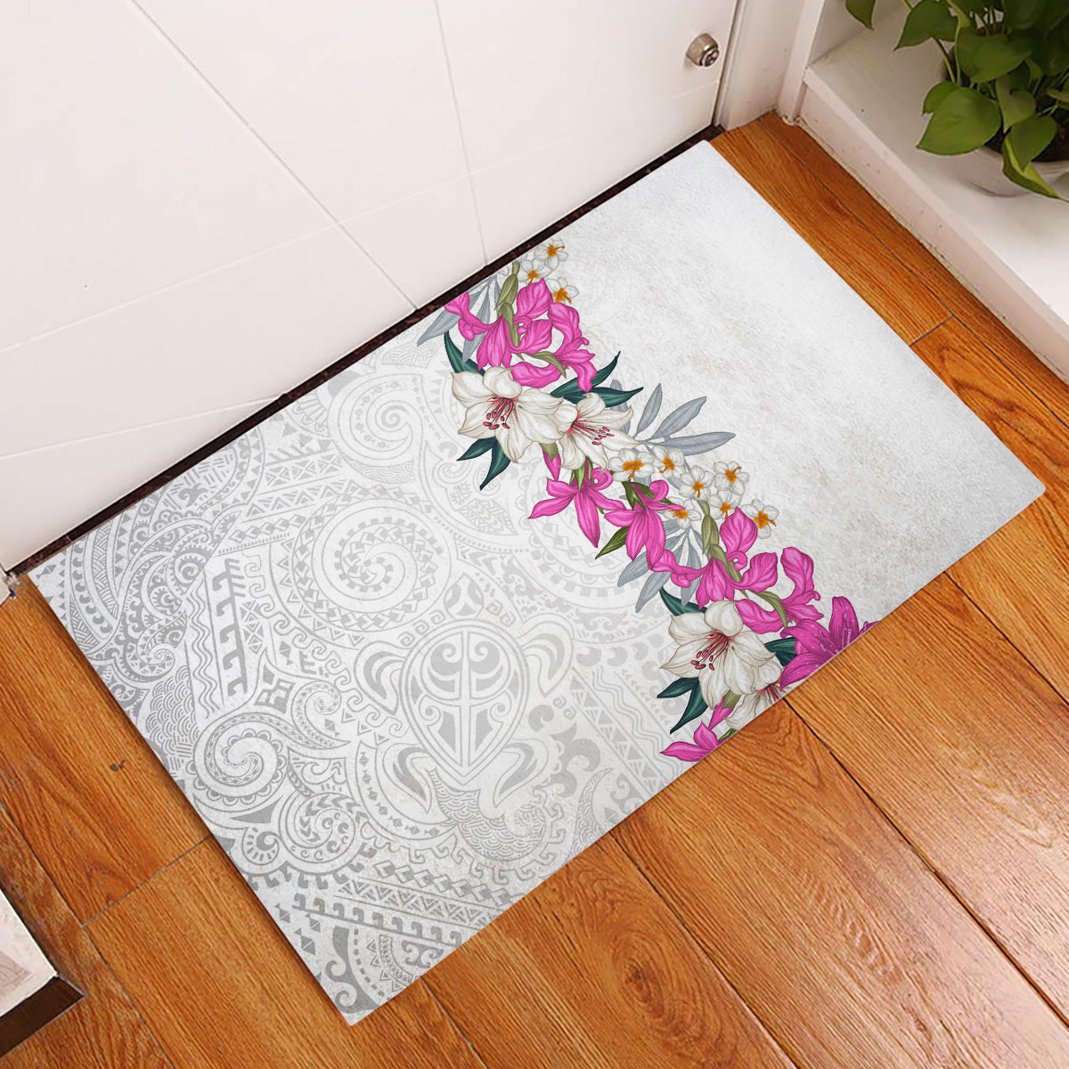 Hawaii Tropical Leaves and Flowers Rubber Doormat Tribal Polynesian Pattern White Style