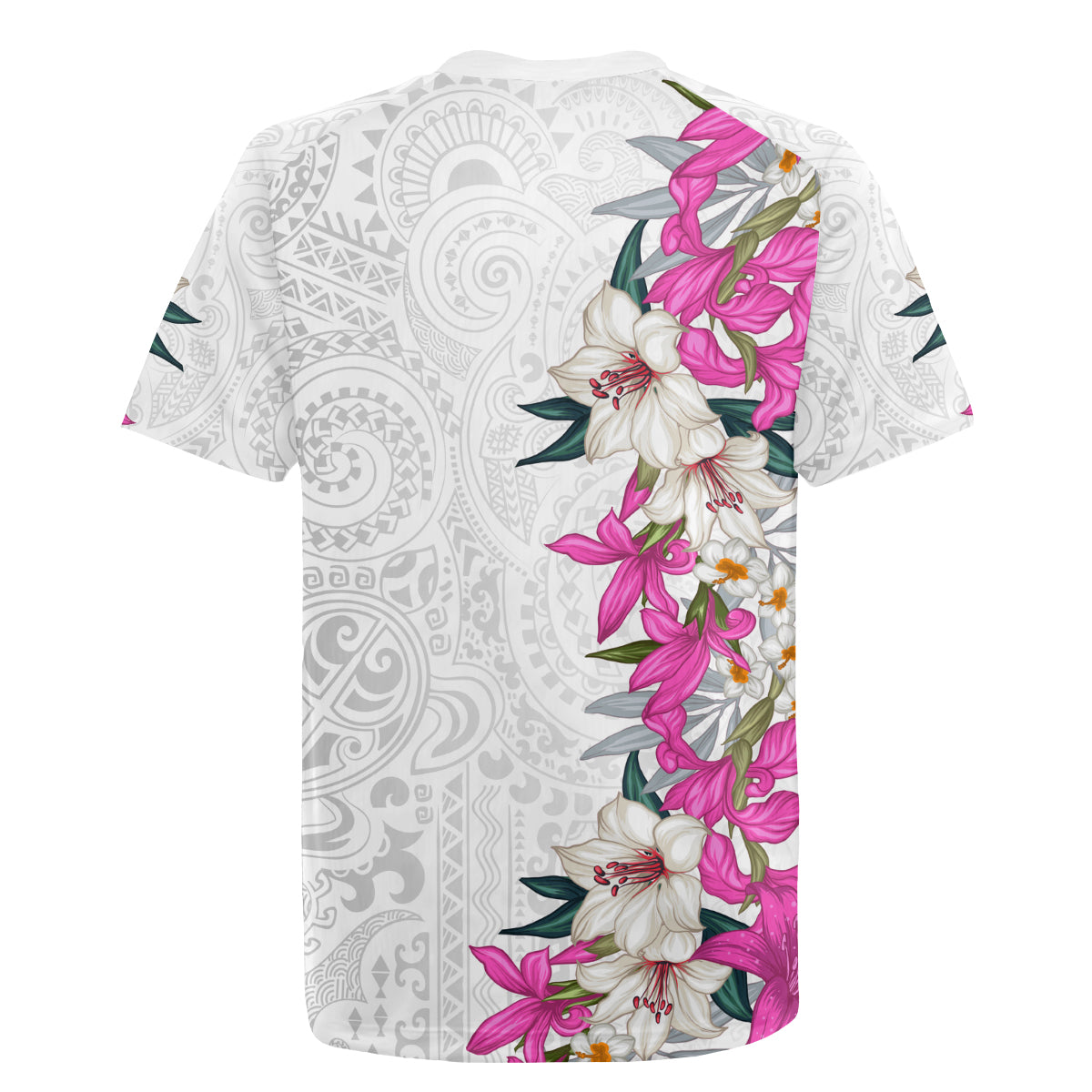 Hawaii Tropical Leaves and Flowers Rugby Jersey Tribal Polynesian Pattern White Style