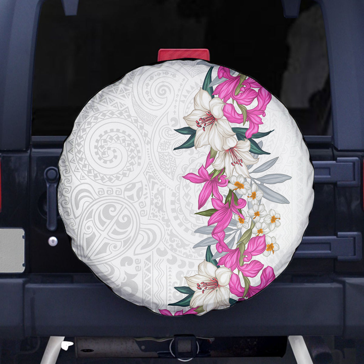 Hawaii Tropical Leaves and Flowers Spare Tire Cover Tribal Polynesian Pattern White Style