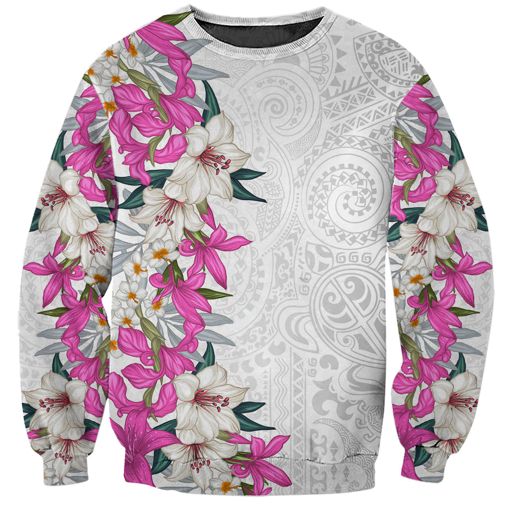 Hawaii Tropical Leaves and Flowers Sweatshirt Tribal Polynesian Pattern White Style
