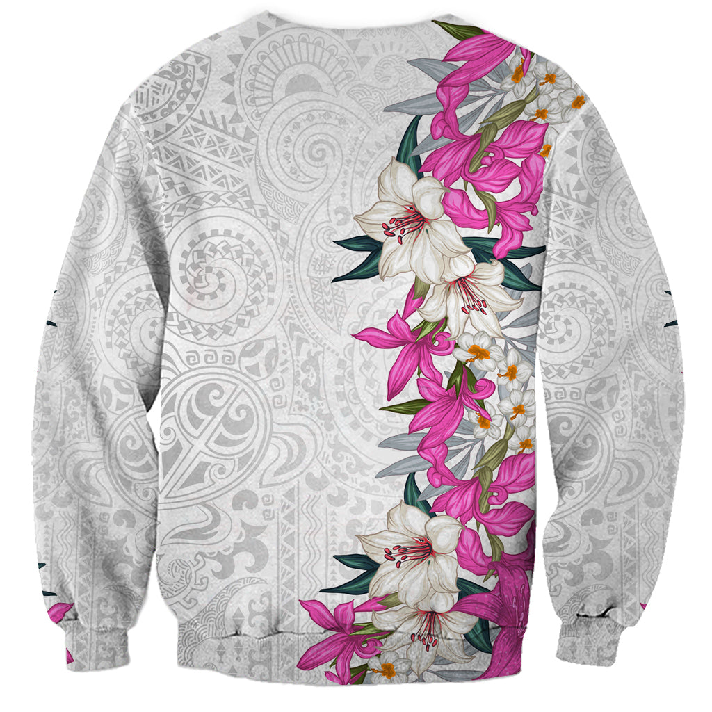 Hawaii Tropical Leaves and Flowers Sweatshirt Tribal Polynesian Pattern White Style