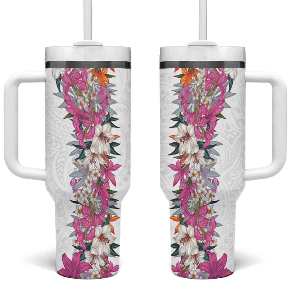 Hawaii Tropical Leaves and Flowers Tumbler With Handle Tribal Polynesian Pattern White Style