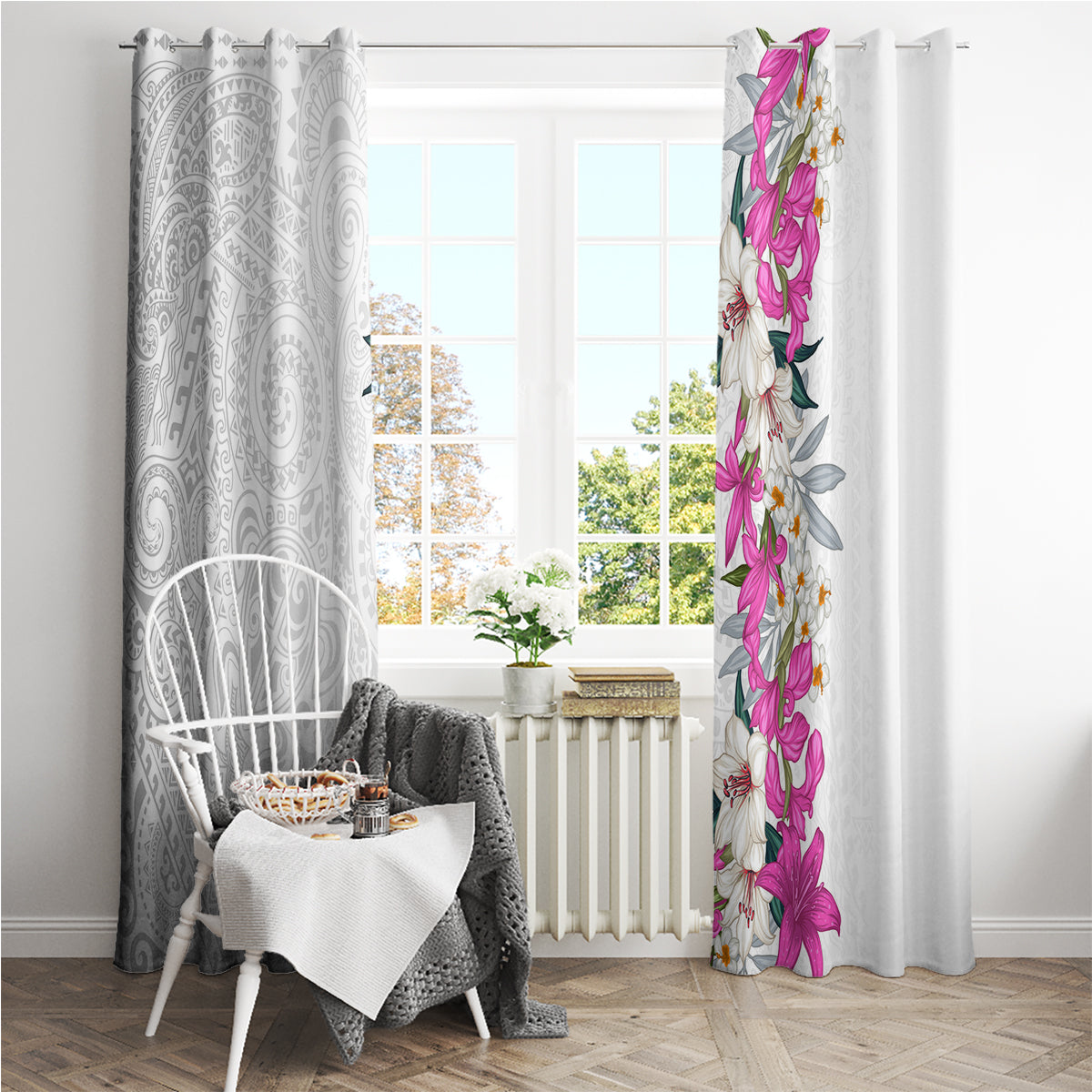 Hawaii Tropical Leaves and Flowers Window Curtain Tribal Polynesian Pattern White Style