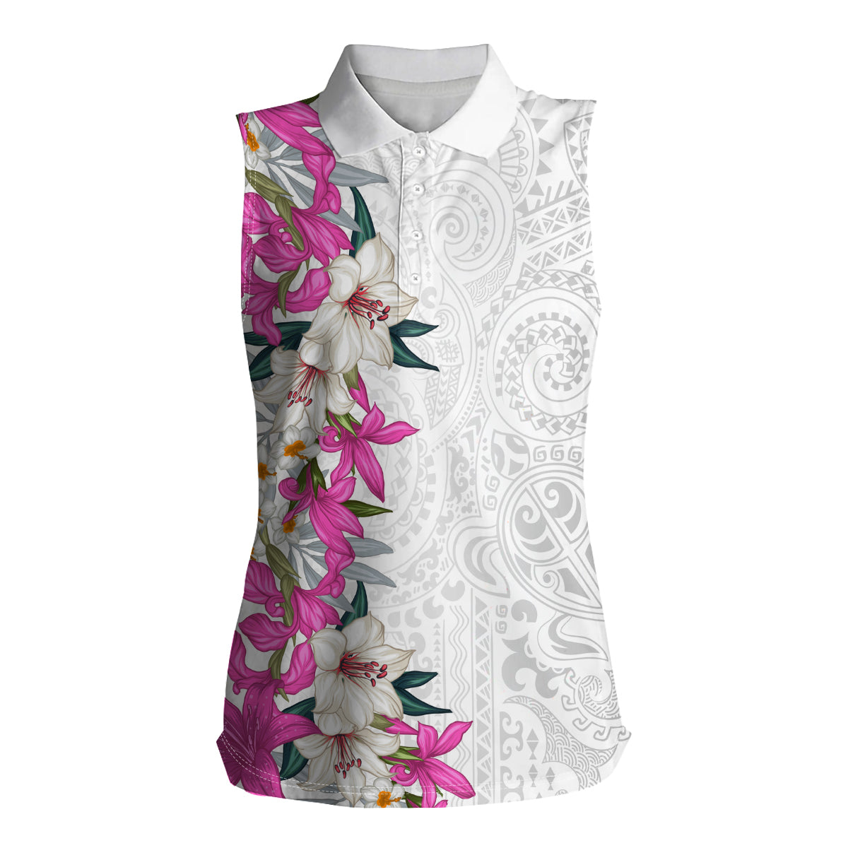 Hawaii Tropical Leaves and Flowers Women Sleeveless Polo Shirt Tribal Polynesian Pattern White Style