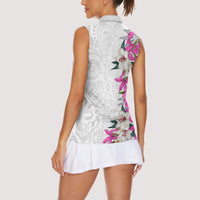 Hawaii Tropical Leaves and Flowers Women Sleeveless Polo Shirt Tribal Polynesian Pattern White Style