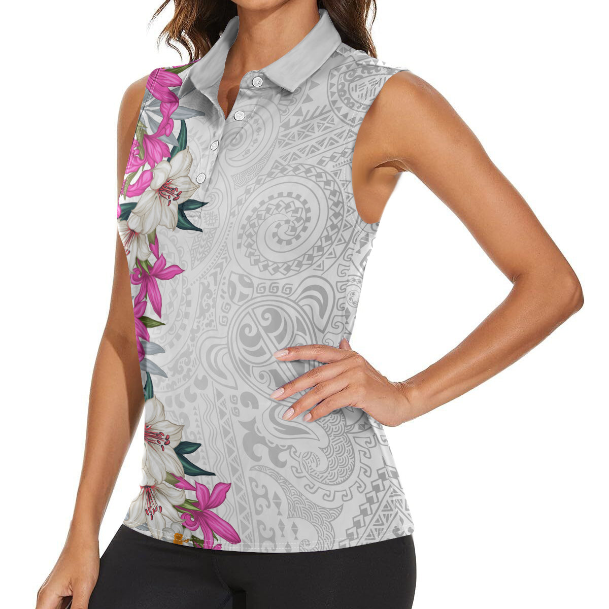 Hawaii Tropical Leaves and Flowers Women Sleeveless Polo Shirt Tribal Polynesian Pattern White Style