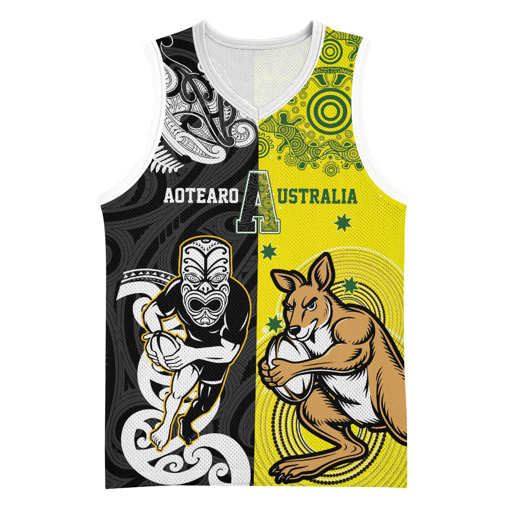 Aotearoa New Zealand and Australia Rugby Personalized Basketball Jersey Maori Koru and Aboriginal Dot Art Cultural Heritage