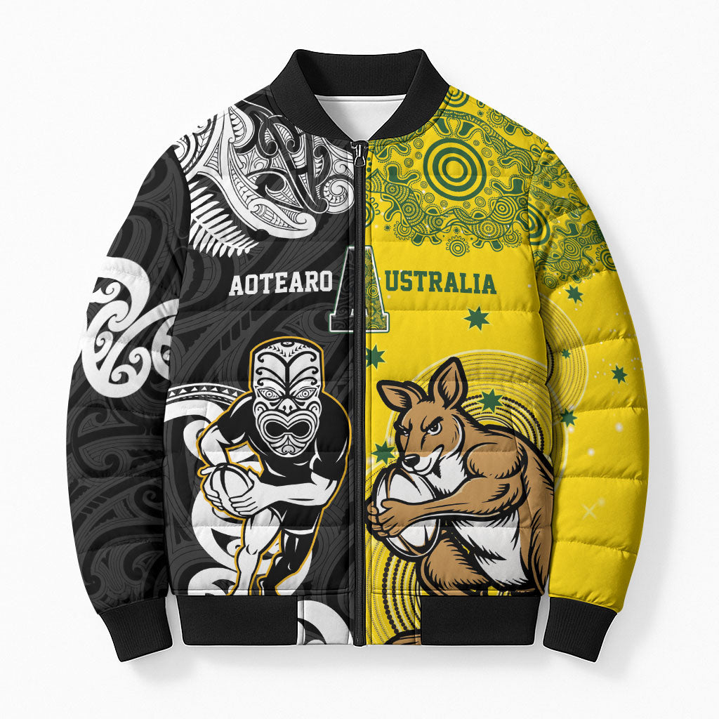 Aotearoa New Zealand and Australia Rugby Personalized Bomber Puffer Jacket Maori Koru and Aboriginal Dot Art Cultural Heritage