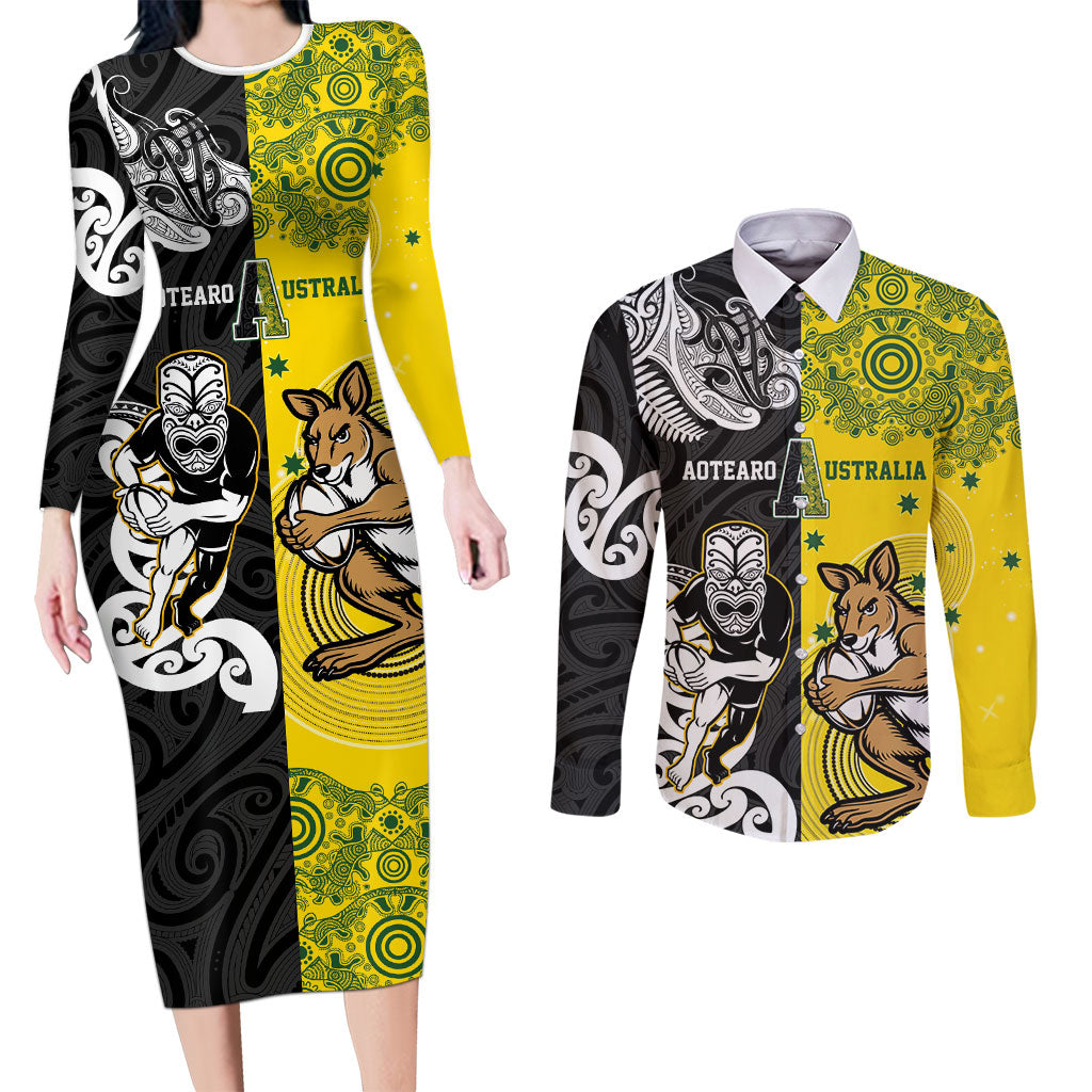 Aotearoa New Zealand and Australia Rugby Personalized Couples Matching Long Sleeve Bodycon Dress and Long Sleeve Button Shirt Maori Koru and Aboriginal Dot Art Cultural Heritage