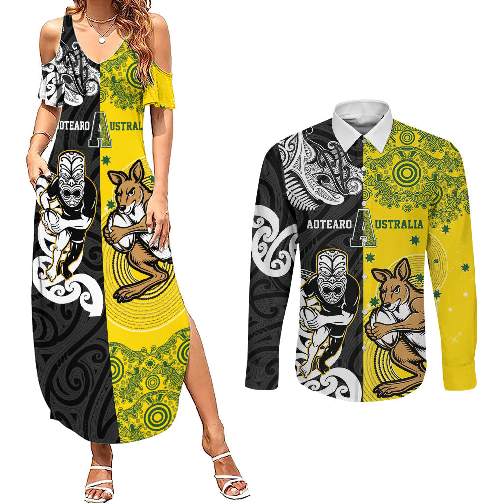 Aotearoa New Zealand and Australia Rugby Personalized Couples Matching Summer Maxi Dress and Long Sleeve Button Shirt Maori Koru and Aboriginal Dot Art Cultural Heritage