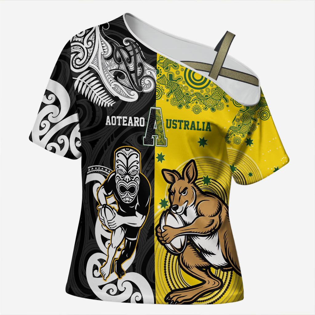 Aotearoa New Zealand and Australia Rugby Personalized Cross Shoulder Shirt Maori Koru and Aboriginal Dot Art Cultural Heritage
