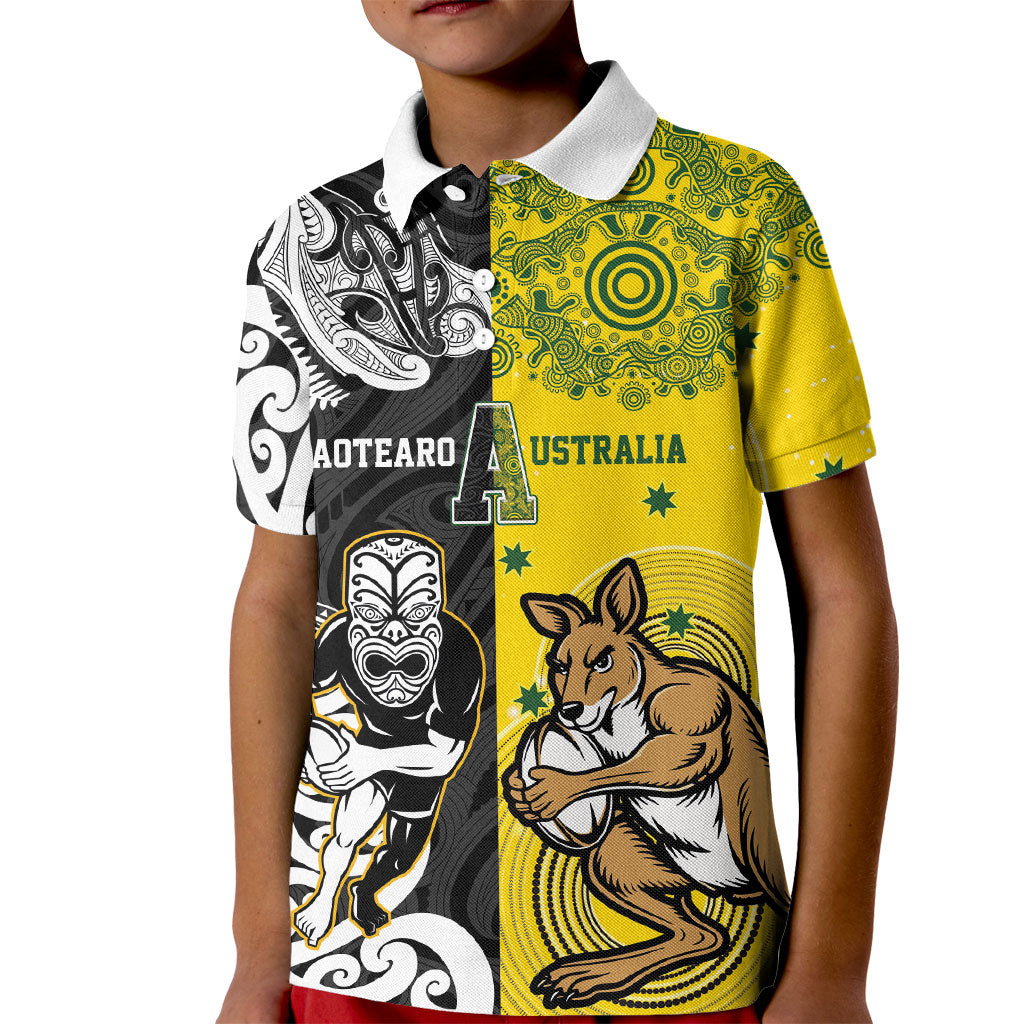 Aotearoa New Zealand and Australia Rugby Personalized Kid Polo Shirt Maori Koru and Aboriginal Dot Art Cultural Heritage