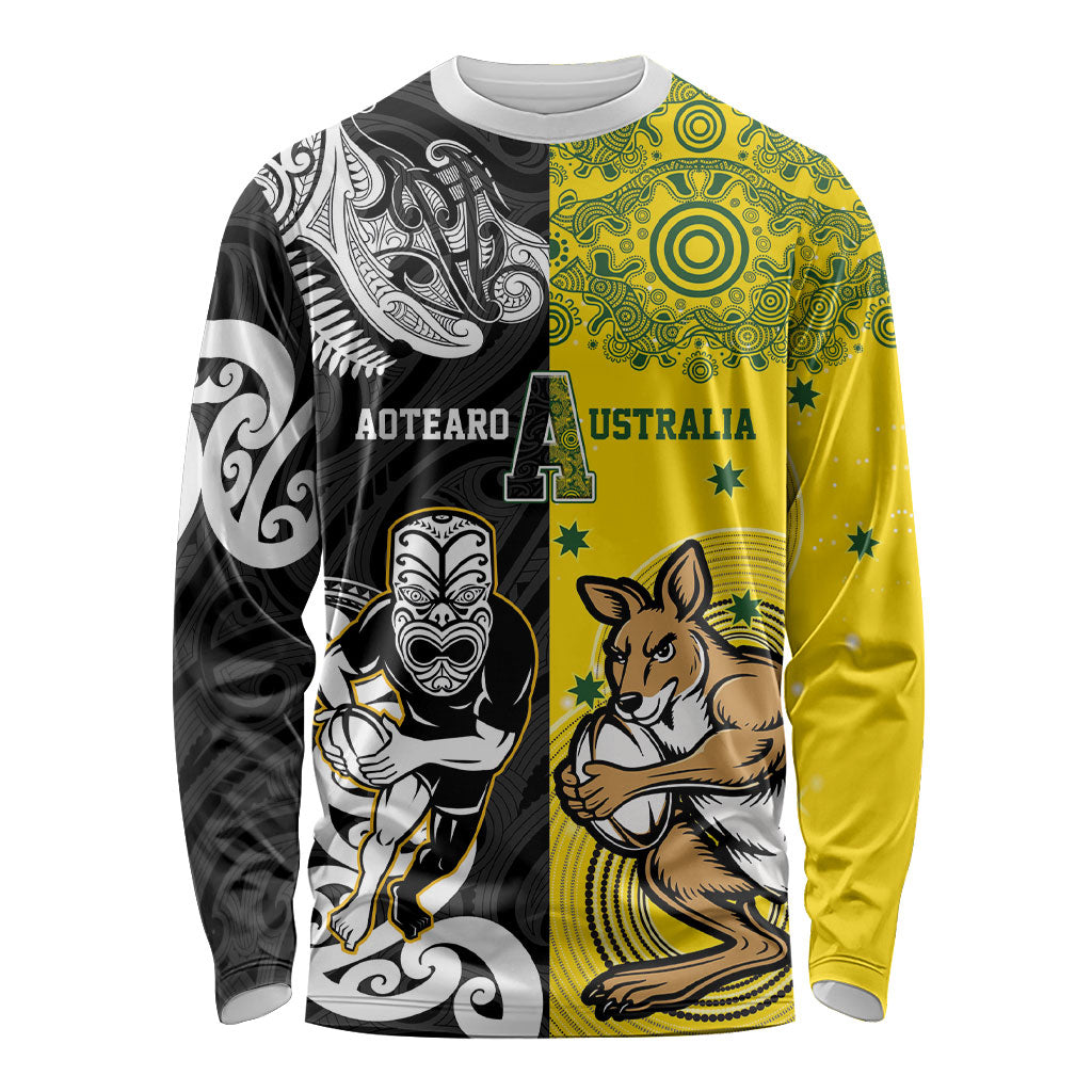 Aotearoa New Zealand and Australia Rugby Personalized Long Sleeve Shirt Maori Koru and Aboriginal Dot Art Cultural Heritage