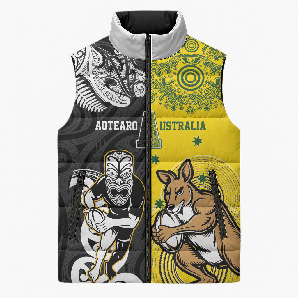 Aotearoa New Zealand and Australia Rugby Personalized Sleeveless Puffer Jacket Maori Koru and Aboriginal Dot Art Cultural Heritage