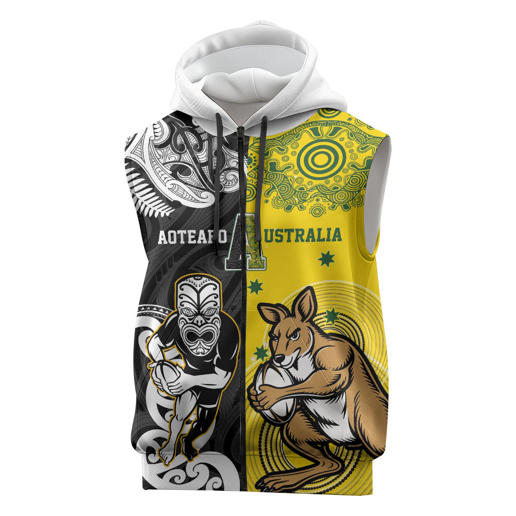 Aotearoa New Zealand and Australia Rugby Personalized Sleeveless Zip Hoodie Maori Koru and Aboriginal Dot Art Cultural Heritage