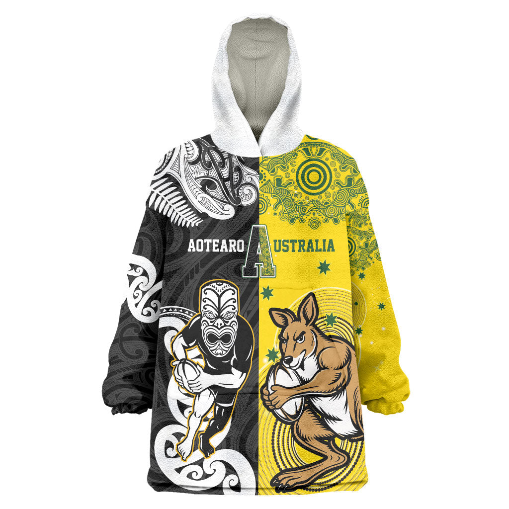 Aotearoa New Zealand and Australia Rugby Personalized Wearable Blanket Hoodie Maori Koru and Aboriginal Dot Art Cultural Heritage