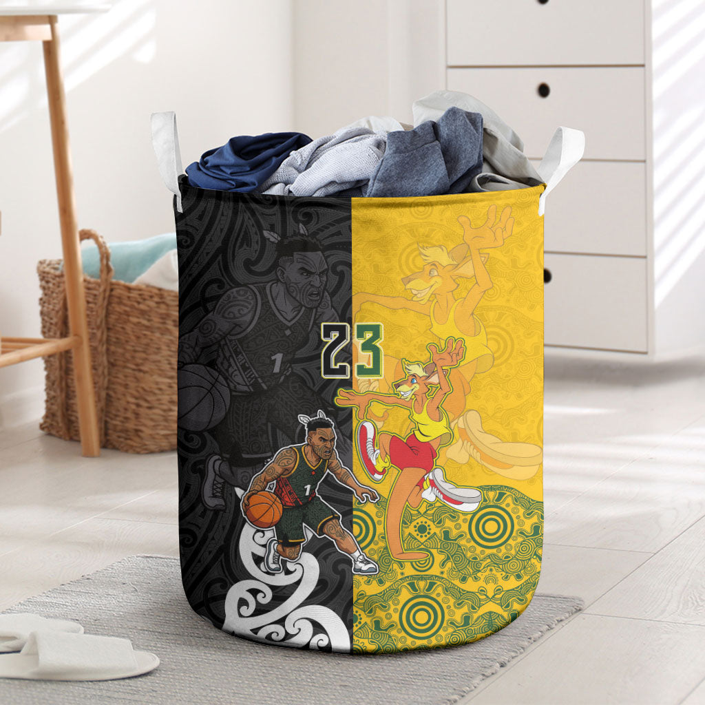 Aotearoa New Zealand And Australia Basketball Custom Laundry Basket Maori Tribal Tattoo And Aboriginal Dot Art Heritage