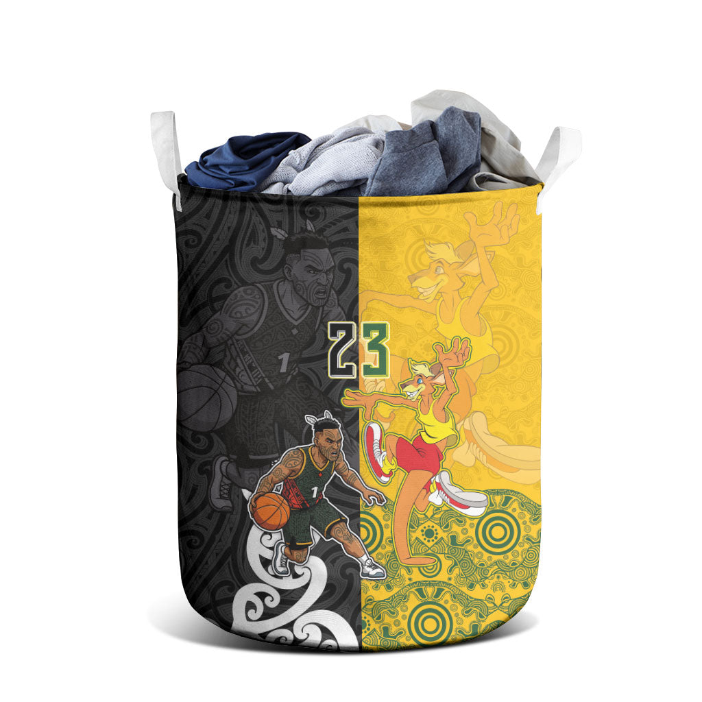 Aotearoa New Zealand And Australia Basketball Custom Laundry Basket Maori Tribal Tattoo And Aboriginal Dot Art Heritage