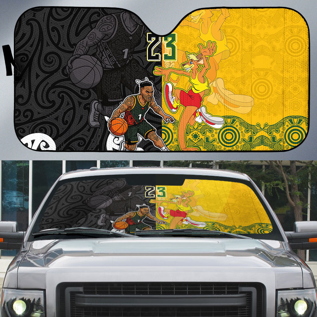 Aotearoa New Zealand And Australia Basketball Custom Auto Sun Shade Maori Tribal Tattoo And Aboriginal Dot Art Heritage