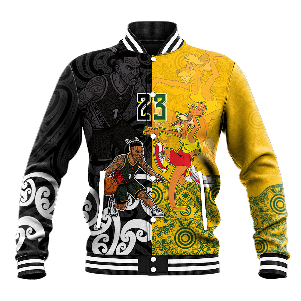 Aotearoa New Zealand And Australia Basketball Custom Baseball Jacket Maori Tribal Tattoo And Aboriginal Dot Art Heritage LT03 Unisex Multicolor - Polynesian Pride