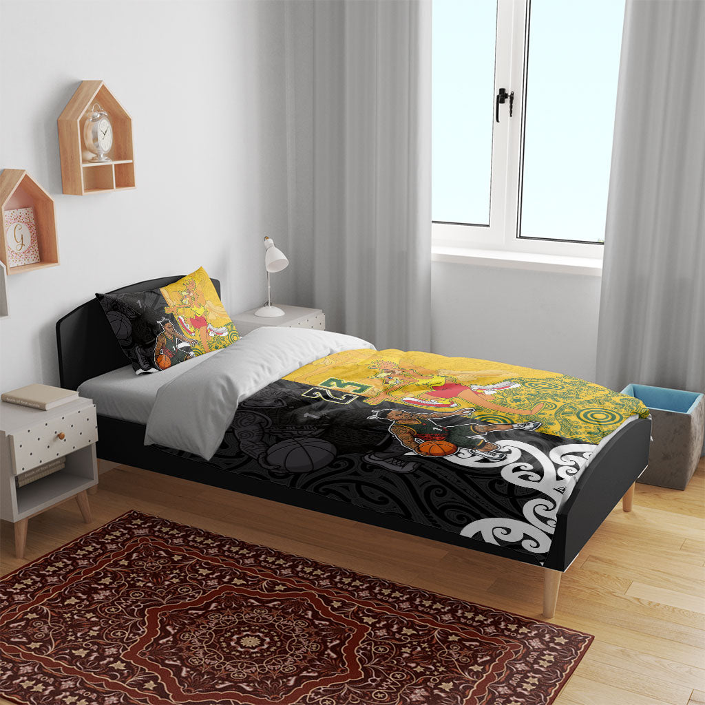 Aotearoa New Zealand And Australia Basketball Custom Bedding Set Maori Tribal Tattoo And Aboriginal Dot Art Heritage LT03 - Polynesian Pride