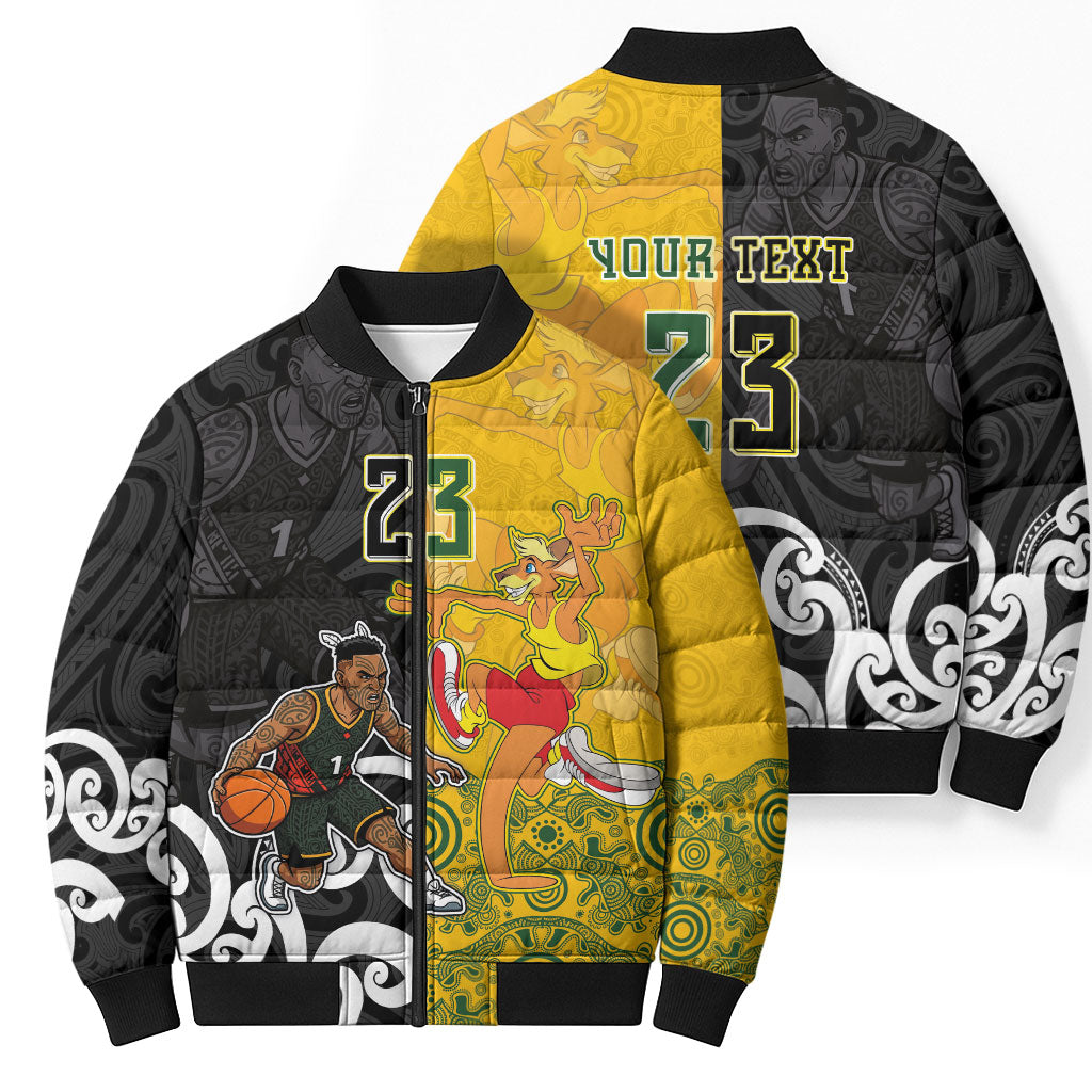 Aotearoa New Zealand And Australia Basketball Custom Bomber Puffer Jacket Maori Tribal Tattoo And Aboriginal Dot Art Heritage LT03 - Polynesian Pride