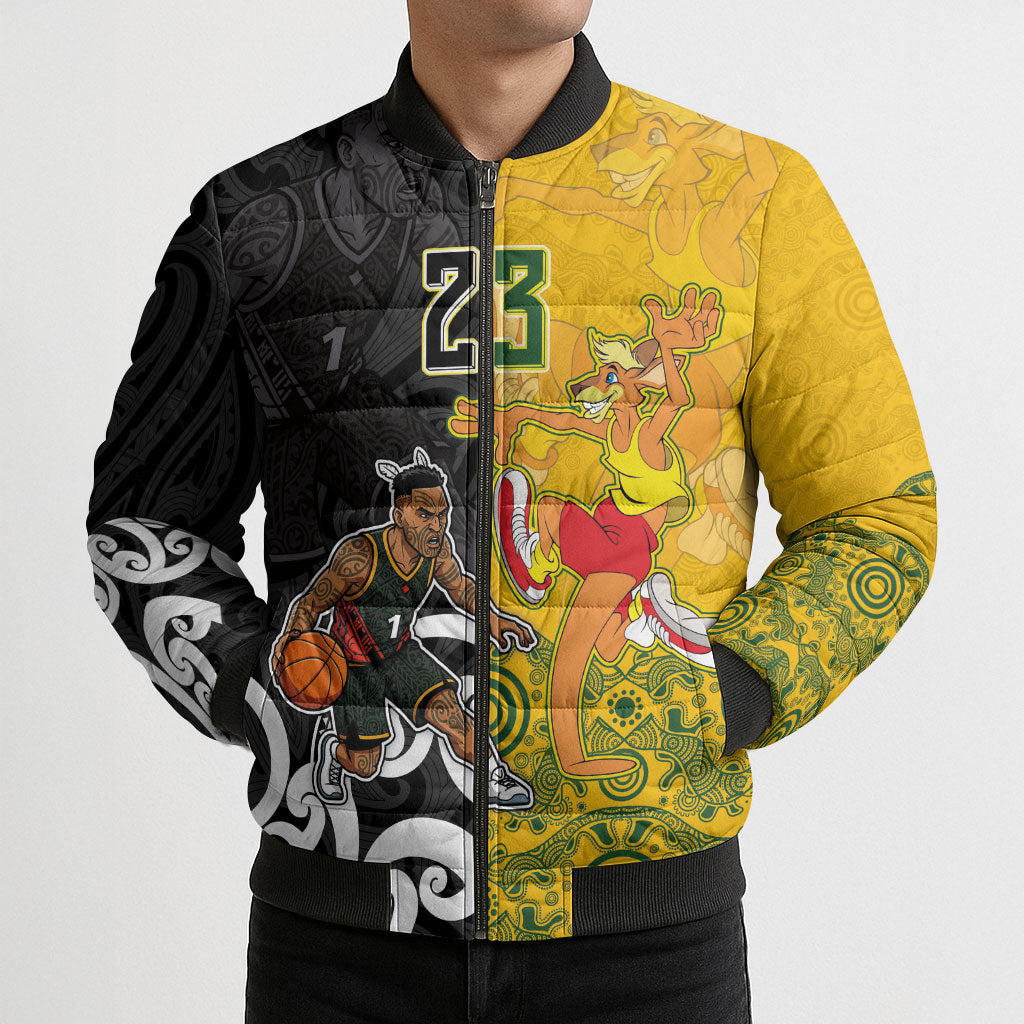 Aotearoa New Zealand And Australia Basketball Custom Bomber Puffer Jacket Maori Tribal Tattoo And Aboriginal Dot Art Heritage LT03 - Polynesian Pride